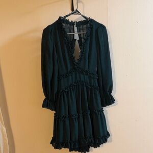 Ruffle-Trim V-Neck Mini Dress in Dark Green